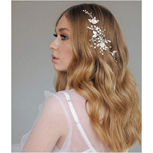 Catery Flower Wedding Headband Silver Crystal Hair Vine Bride Hair Piece Pearl Bead Braid Headpieces Bridal Hair Accessories for Women and Girls