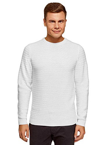 oodji Ultra Mens Textured Crew Neck Pullover  White  US 46 - EU 56 - XL