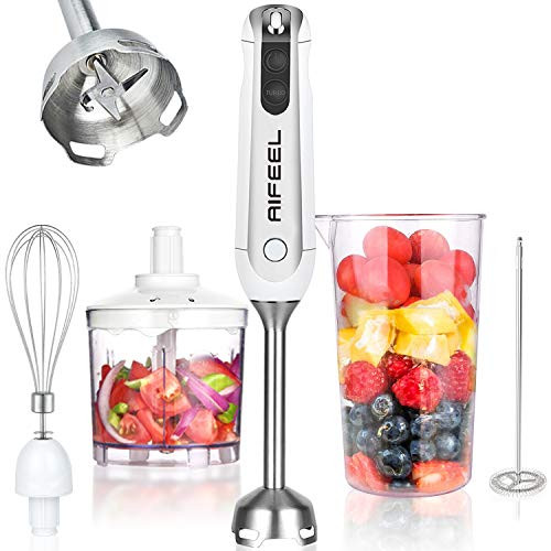 Hand Blender 5 in 1 Set 800W Immersion Stick Blender with Milk Frother 500ML Chopper  600ML Measuring Cup and Egg Whisk  BPA Free  White