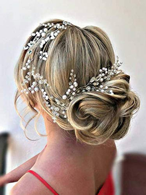 Jakawin Pearl Bride Wedding Hair Vine Crystal Hair Piece Bridal Headpiece Hair Accessories for Women and Girls HV122 -Silver-