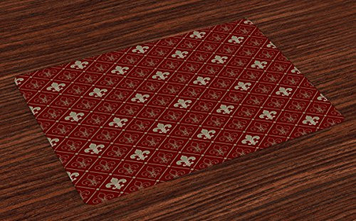 Lunarable Fleur De Lis Place Mats Set of 4, Fleur-de-Lis in Diamond Shape Lines Classical Cultural Victorian Style, Washable Fabric Placemats for Dining Room Kitchen Table Decor, Maroon Pale Green