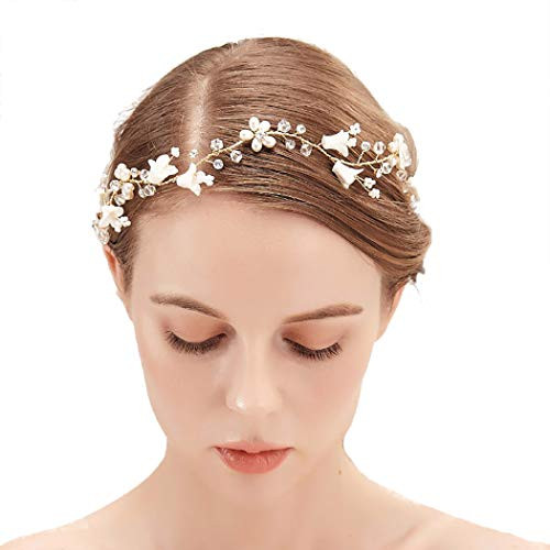Campsis Flower Bride Wedding Hair Vines Silver Peral Headpiece Rhinestones Crystal Bridal Hair Accessories for Women and Girls -Gold-