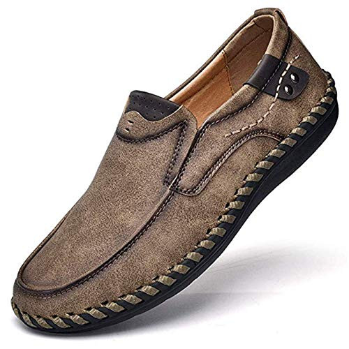 Mens Penny Loafers Premium Leather Casual Shoes Breathable Driving Shoes Flats Boat Shoes Slip on Khaki