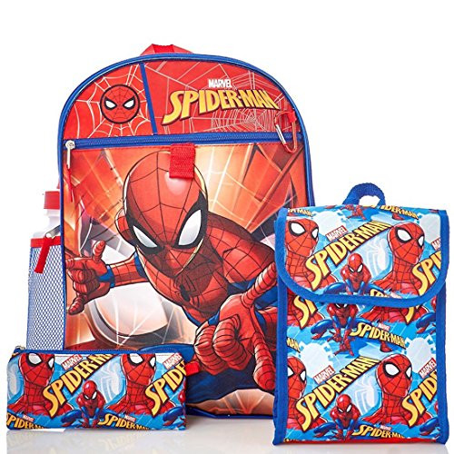 Marvel Spiderman Kids 5 Piece Backpack Set - 16" Backpack, Insulated Lunch Bag, Utencil Case, Water Bottle and Carabiner