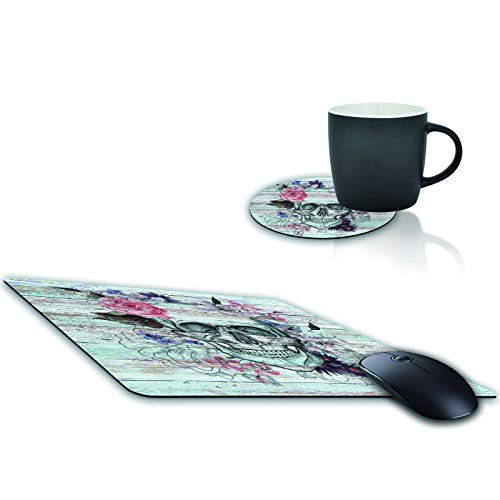 Mouse Pad and Coffee Coaster  Skull with Flowers on Vintage Wood Mousepad Non-Slip Rubber Gaming Mouse Pad Rectangle Mouse Pads for Computers Laptop