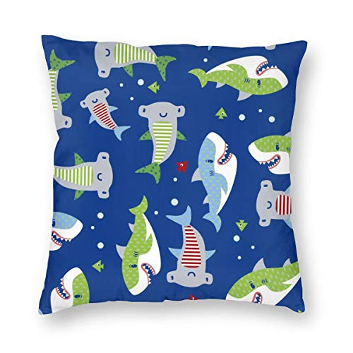 WAZHIJIA Decorative Throw Pillow Covers 18 X 18 Inch Cotton Linen Cushion Cover Square Pillow Cases for Car Sofa Home Decor Blue Ocean Cartoon Shark