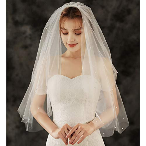 Brinote Pearl Bride Wedding Veil with Comb 2 Tier Short Hip Length Crystal Bridal Veils Soft Tulle Hair Accessories for Brides -Ivory-