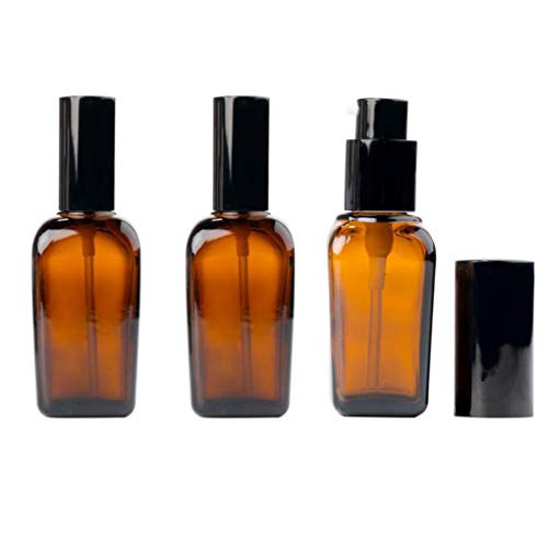 XINGZI 3Pcs 30ML-1Oz Amber Square Glass Lotion Pump Bottles Empty Travel Cosmetic Makeup Cream Lotion Container Vial Jar Dispenser With Black Pump Hea