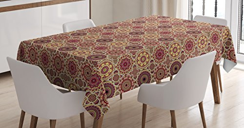 Moroccan Tablecloth by Ambesonne, Artistic Patchwork Style Pattern with Old Fashioned Flowers Bohemian Illustration, Dining Room Kitchen Rectangular Table Cover, 60 W X 84 L Inches, Multicolor