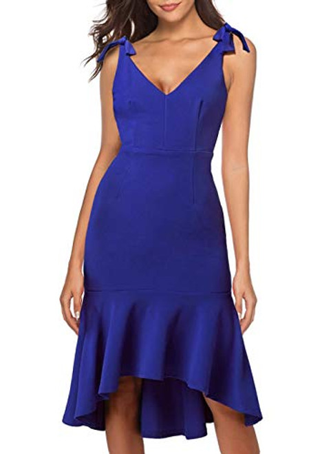 Womens Elegant V Neck Sleeveless V-Back High Low Wedding Guest Cocktail Party Midi Dress 947 -L  Blue- Womens Elegant V Neck Sleeveless V-Back High Low Wedding Guest Cocktail Party Midi Dress 947 -L  Blue-
