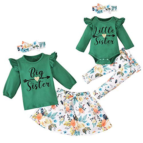 Toddler Baby Girls Sister Matching Outfits Baby Little Sister Romper Big Sister Tops - Floral Skirt Pants Clothes Set -Green-Little Sister  0-3 Months
