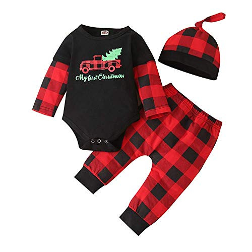Newborn Baby Boy Christmas Outfits My 1st Christmas Romper-Xmas Plaid Pants Hat Clothes Sets -Black  0-3 Months-
