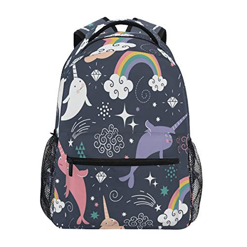 BEETTY Backpack for Girls Kids Boys Teens Rainbow Narwhal Lightweight Durable Bookbag School Bag Laptop Bags Travel Hiking Camping Daypack