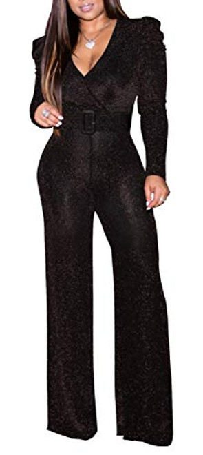 SeNight Womens Sexy Sparkly Jumpsuits Clubwear V Neck Long Sleeve Pants Elegant Party Rompers with Belt