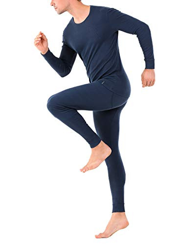 DAVID ARCHY Mens Thermal Underwear Soft Cotton Rib Stretchy Base Layer Top and Bottom Long Johns Set -S  Navy Blue-
