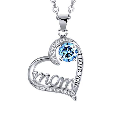 UEUC I Love You Mom Love Heart Necklace 925 Sterling Silver Plated Rhinestone Necklace for Mom Birthday Best Mother Jewelry Gift