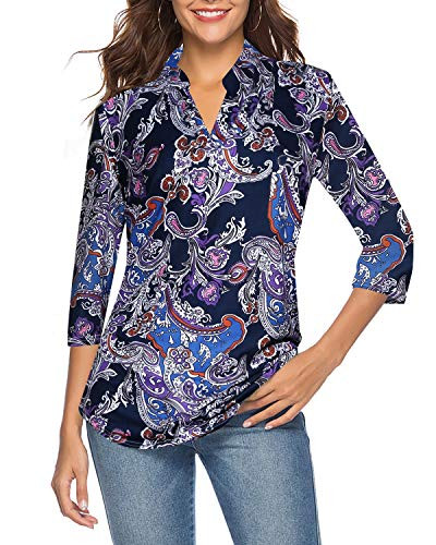 CEASIKERY Womens 3-4 Sleeve Floral V Neck Tops Casual Tunic Blouse Loose Shirt 010 Purple