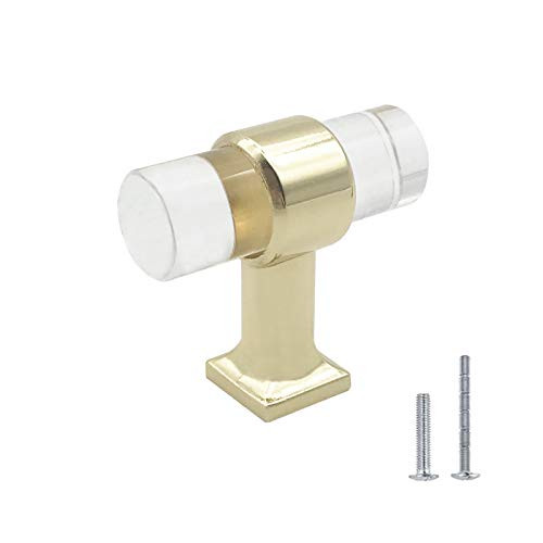 1 Pack -T Shape Acrylic Knobs Gold Drawer Pulls and Knob Kitchen Cabinet Knobs and Handles 1-9Height 1-6Diameter Dresser Cupboard Hardware Pulls