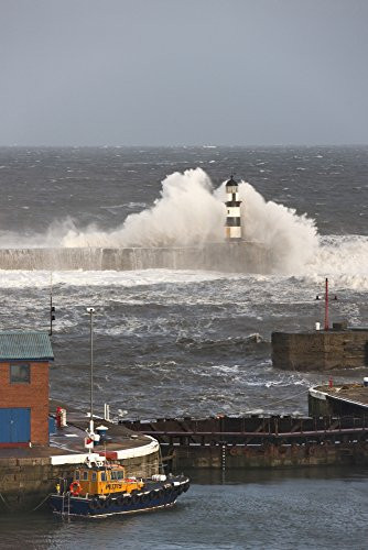 Posterazzi Seaham Teesside England Waves Crashing Into A Lighthouse And A Boat Along The Pier Poster Print  -12 x 19-