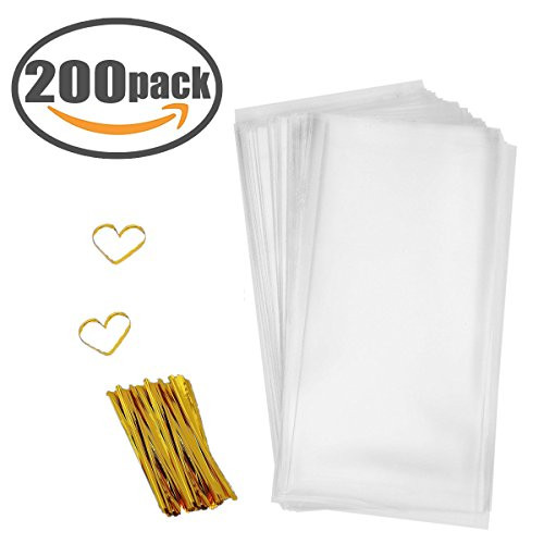 Cellophane Bag 200 PCS Clear Cello Treat Bags Party Favor Bags for Gift Bakery Cookies Candies Dessert with 200 PCS Metallic Twist Ties (4" by 9") Cellophane Bag 200 PCS Clear Cello Treat Bags Party Favor Bags for Gift Bakery Cookies Candies Dessert with 200 PCS Metallic Twist Ties (4" by 9")