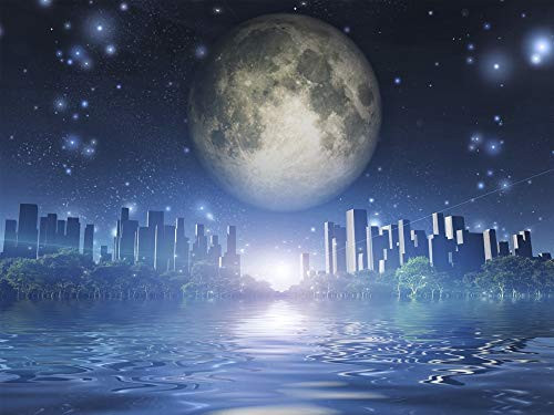 Posterazzi PSTRFF201248S Surreal Digital Art- City Surrounded by Green Trees in Water World- Giant Moon in The Sky Photo Print  11 x 17  Multi