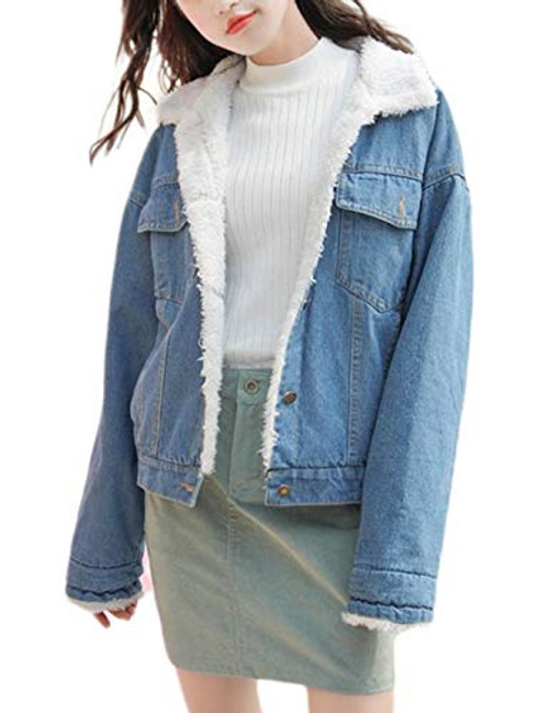 Omoone Womens Vintage Lapel Sherpa Fleece Lined Loose Fit Thicken Denim Jacket -Light Blue  L-