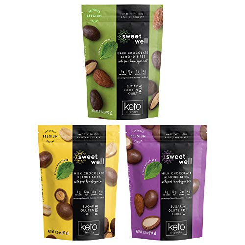 Sweetwell Keto Chocolate Bites Variety Pack  Milk and Dark Chocolate with Almonds and Peanuts  Stevia-Sweetened Sugar-Free Keto-Friendly Snacks -3-Pac