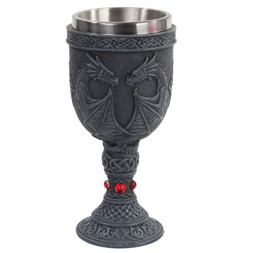 Dual Winged Dragon Wine Goblet Chalice Resin Body Stainless Steel Faux Stone