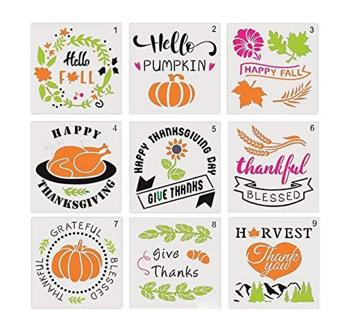 9PCS Fall Thanksgiving Stencils for Painting on Wood 7-87 Inches Reusable Pumpkin Stencils for Farmhouse Home Decor