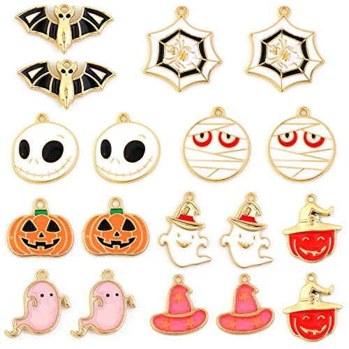 Halloween Charms Pendants Assorted Gold Plated Enamel Pumpkin Ghost Skull Decoration for Crafting DIY Necklace Bracelet Making Charms
