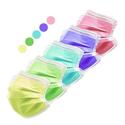 HIWUP Face Masks  3 Layer Disposable Face Masks with Nose Clip and Ear Loops Multicolored Pack of 50 -5 Color-