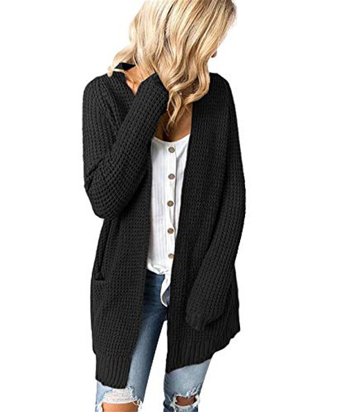 MaQiYa Womens Open Front Cardigans Long Sleeve Chunky Knit Sweaters Outwear with Pockets -Black Large- MaQiYa Womens Open Front Cardigans Long Sleeve Chunky Knit Sweaters Outwear with Pockets -Black Large-
