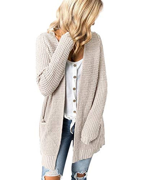MaQiYa Womens Open Front Cardigans Long Sleeve Chunky Knit Sweaters Outwear with Pockets -Beige Small-
