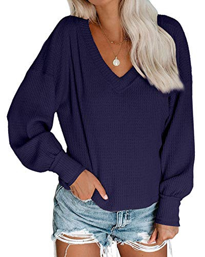 Yingqible Womens V Neck Waffle Knit Tops Off Shoulder Pullover Sweater Casual Tunic Blouse Long Sleeve Shirts Navy Blue