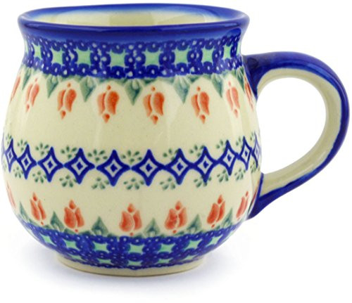 Polish Pottery 11 oz Bubble Mug (Tulips And Diamonds Theme) Signature UNIKAT + Certificate of Authenticity