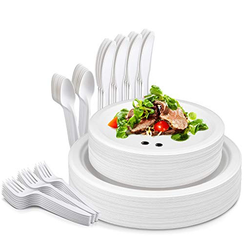 TOROTON 125Pcs Disposable Dinnerware Set  25 Set Compostable Sugarcane Fibers Tableware  Biodegradable Dinner Paper Plates  Forks  Knives  Spoons for