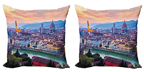 Lunarable Florence Throw Pillow Cushion Cover Pack of 2  Cityscape Panoramic Photo of Famous Italian City with Buildings with River  Zippered Double-S