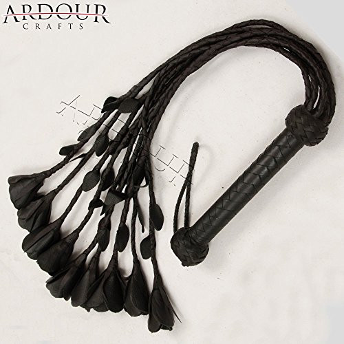 Genuine Cow Hide Leather Flogger 09 Braided Tails with Black Rose and Petals Heavy Duty Rose Flogger