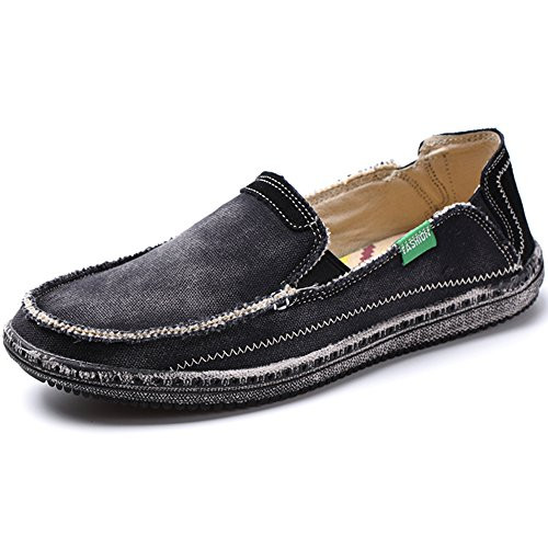 VILOCY Mens Slip on Deck Shoes Canvas Loafer Vintage Flat Boat Shoes Black US10-5 EU45