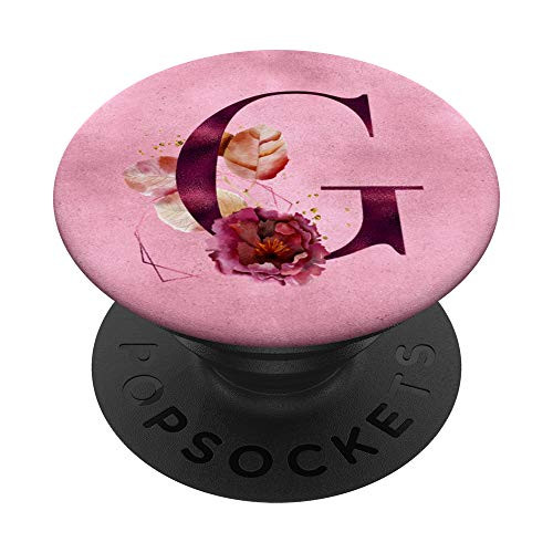 Burgundy floral initial letter G monogram on pink PopSockets Grip and Stand for Phones and Tablets