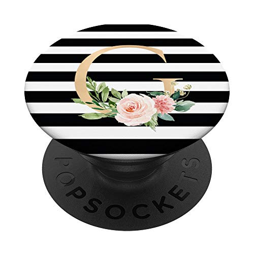 Initial G Black White Stripe Monogram Floral Letters PopSockets Grip and Stand for Phones and Tablets