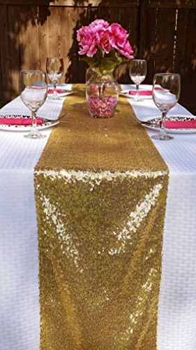 ShinyBeauty 14x120-Inch Rectangle-Gold-Sequin Table Runner- For Wedding/Party/Decor (14x120-Inch)