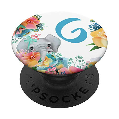 Pretty Elephant Baby With Flowers Monogram Initial Letter G PopSockets Grip and Stand for Phones and Tablets