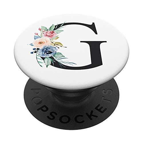 Floral Initial Letter G Black Monogram on White PopSockets Grip and Stand for Phones and Tablets