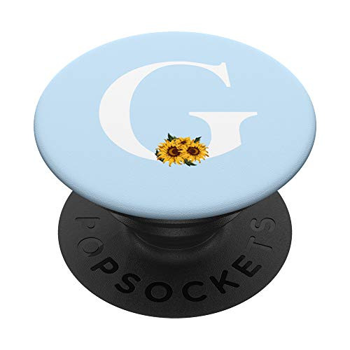 White Pastel Light Blue Monogram Letter G Initial Sunflower PopSockets PopGrip Swappable Grip for Phones and Tablets