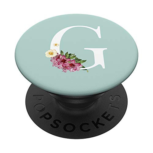 Teal Mint Monogram Letter Initial With Flowers And White G PopSockets Grip and Stand for Phones and Tablets