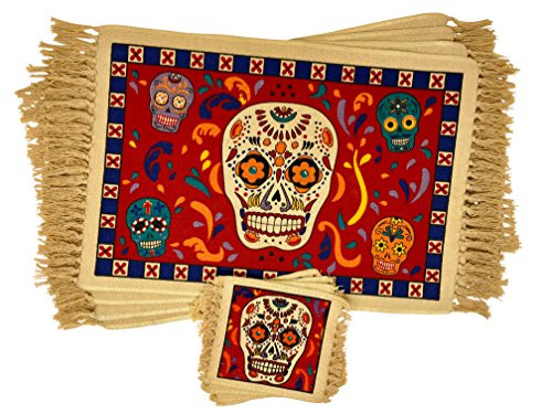 SpiritFest Sugar Skull Placemats & Coasters: Set of 8 Day of the Dead Kitchen & Dining Table Decor (Red Skulls)