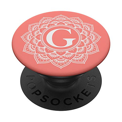 White Coral Pink Flower Monogram Letter G Initial Mandala PopSockets Grip and Stand for Phones and Tablets