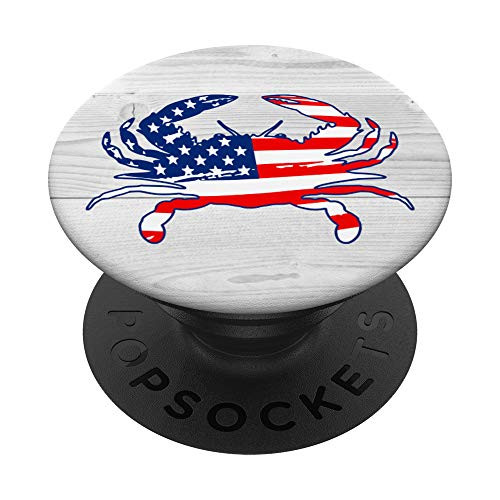 White Wood Cute Nautical Ocean Crab Lover American Flag PopSockets Grip and Stand for Phones and Tablets