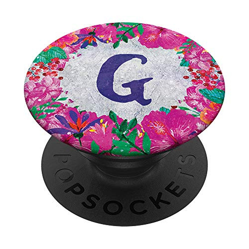 Pink Flowers White Background Blue Monogram Initial Letter G PopSockets Grip and Stand for Phones and Tablets